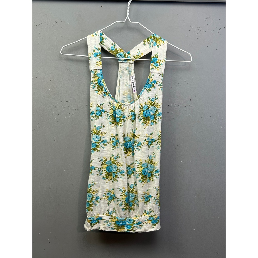 Body Central Tank Top Womens S White Blue Floral Racerback Slub Knit Banded Hem